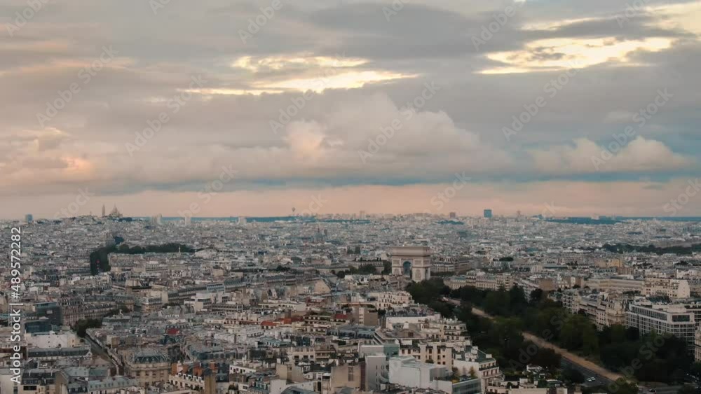 Aerial panoramic view of France Paris, Paris Arc de Triomphe Triumphal Arch Avenue des Champs Elysees Parisian architecture at sunset Aerial panoramic view of France Paris, Paris Arc de Triomphe Triumphal Arch Avenue des Champs Elysees Parisian architecture at sunset