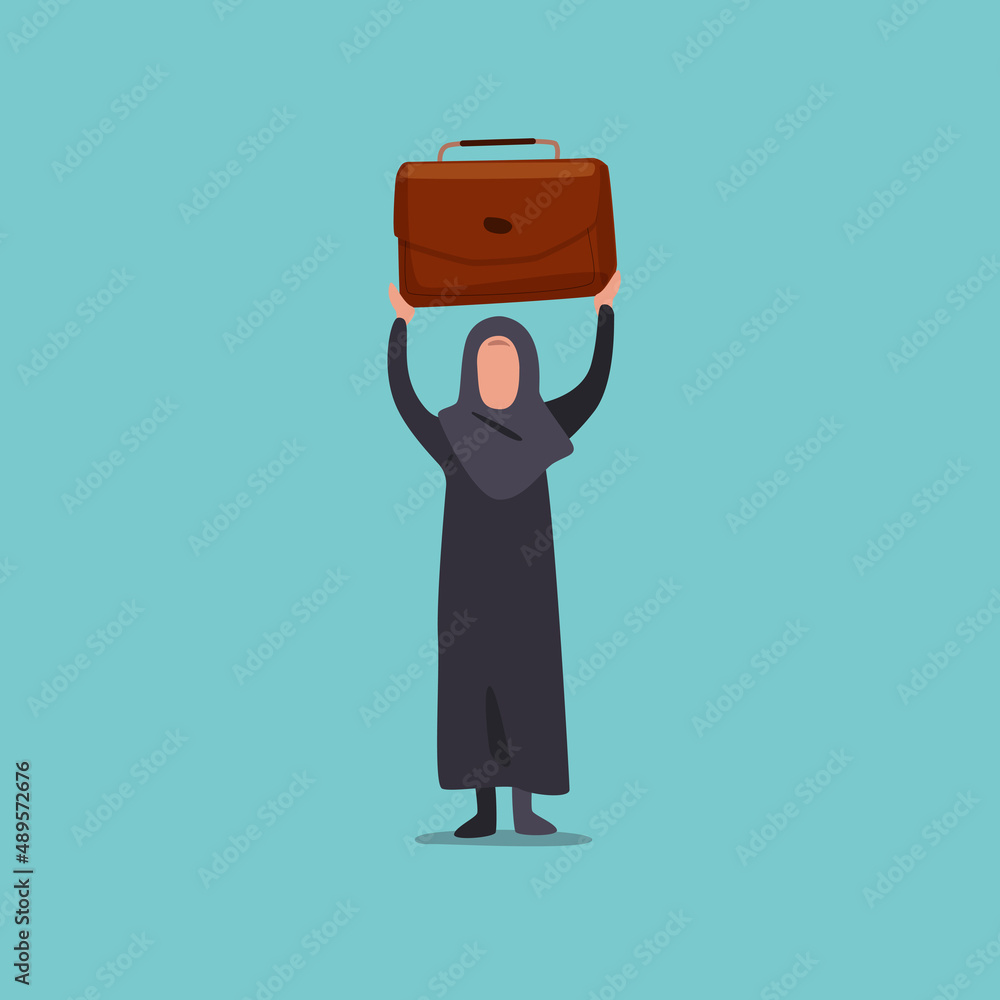 Business concept design Arabian businesswoman lifting up briefcase. Female manager raising up suitcase. Winning, happy, reaching goal, rejoices, and achieved success. Vector illustration flat cartoon Business concept design Arabian businesswoman lifting up briefcase. Female manager raising up suitcase. Winning, happy, reaching goal, rejoices, and achieved success. Vector illustration flat cartoon