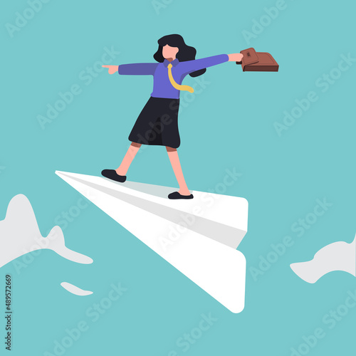 Business concept design businesswoman holding briefcase, flying on paper airplane with hand pointing in future. Looking for success, opportunities, future vision. Vector illustration flat cartoon