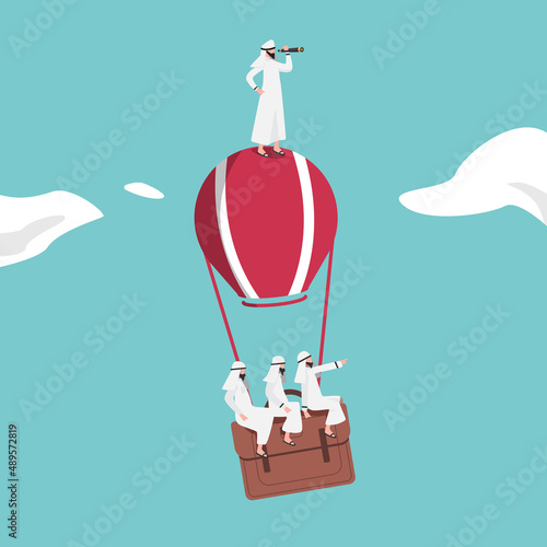 Business concept design Arab businessman standing and looking through monocular on hot air balloon briefcase. Business people group search to success. Growth, vision. Vector illustration flat cartoon