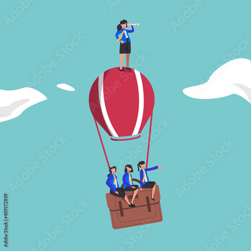 Business concept flat businesswoman standing and looking through monocular on hot air balloon briefcase. Business people group search to success. Growth, vision, future. Design vector illustration