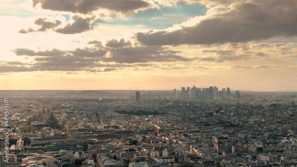 Establishing aerial view of France Paris, Paris La Defense skyline, Tour Eiffel Tower and Parisian buildings architecture Establishing aerial view of France Paris, Paris La Defense skyline, Tour Eiffel Tower and Parisian buildings architecture