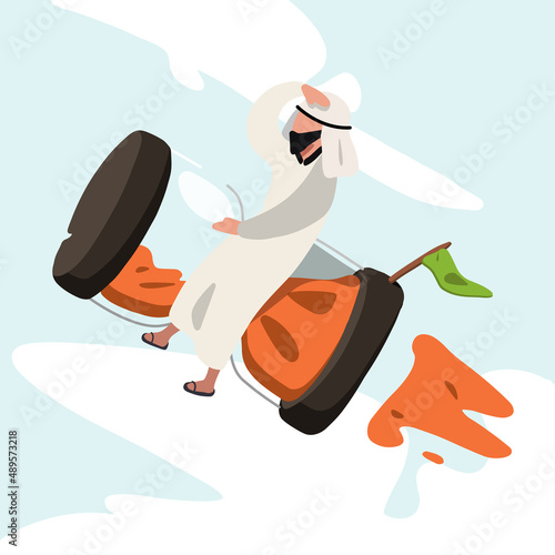 Business design of Arabic businessman riding rocket hourglass flying through sky. Business time management and deadline concept. Success, champion, victory, sandglass. Vector illustration flat cartoon © onetime