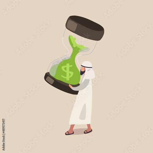 Business concept design Arabian businessman holding up large hourglass. Time management and deadline concept. Financial investment. Successfully task organizing. Vector illustration flat cartoon style