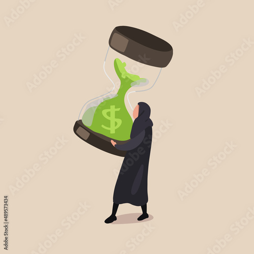 Business concept flat active Arab businesswoman holding up large hourglass. Time management and deadline concept. Financial investment. Successfully task organizing. Graphic design vector illustration
