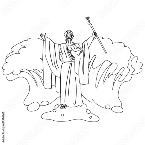 Moses Separate Sea Water Waves In Exodus Black Line Pencil Drawing Vector. Moses Biblical And Jewish Religion Person, Jews Liberty Guide With Stick Doing Miracle For Escape. Character Illustration