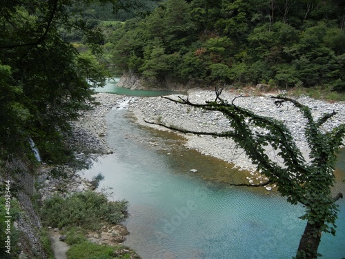 Japanese nature : a scene of Sho-gawa River flowing through Shirakawa-go Village in Gifu Prefecture in Japan 日本の岐阜県白川郷を流れる庄川の一風景　 photo