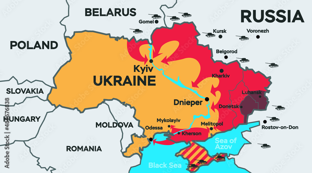 Ukraine crisis map. Russia and the US in Ukraine and the Middle East. Ukraine and Russia military conflict. Geopolitical concept illustration.