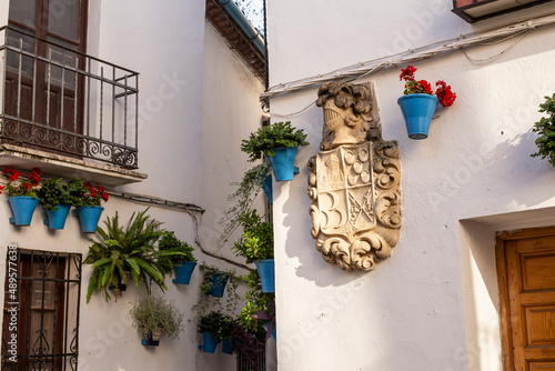 Flowers in a blue flowerpot on white walls and a coat of arms on the famous Calleja de las Flores Flower Street in the old Jewish quarter of Cordoba, Andalusia, Spain photo