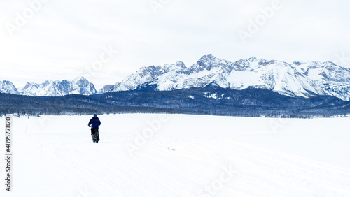 Man rides by on snow with a fat tire bike towards the mountains © knowlesgallery