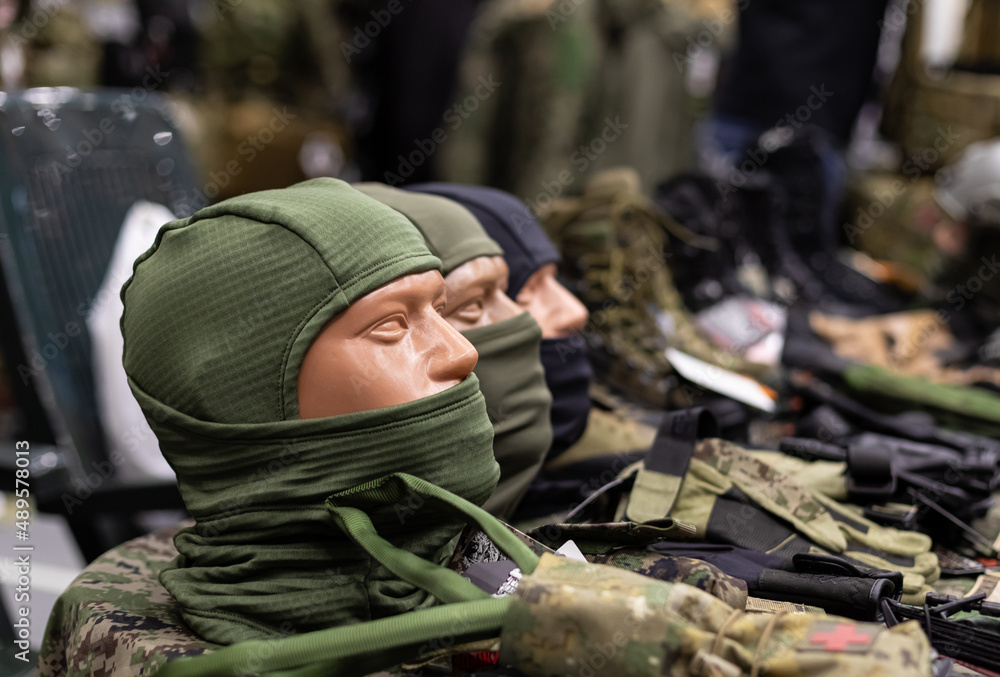 Protective camouflage clothing for soldiers. Army balaclava dressed on a mannequin head