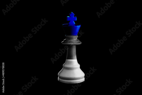 The flag of the Estonia paint over on chess king. 3D illustration.