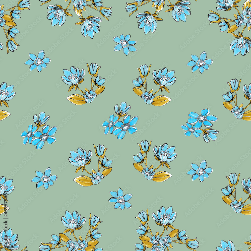 watercolor illustration seamless pattern small blue flowers in a bouquet with leaves on a dark background,for wallpaper or furniture
