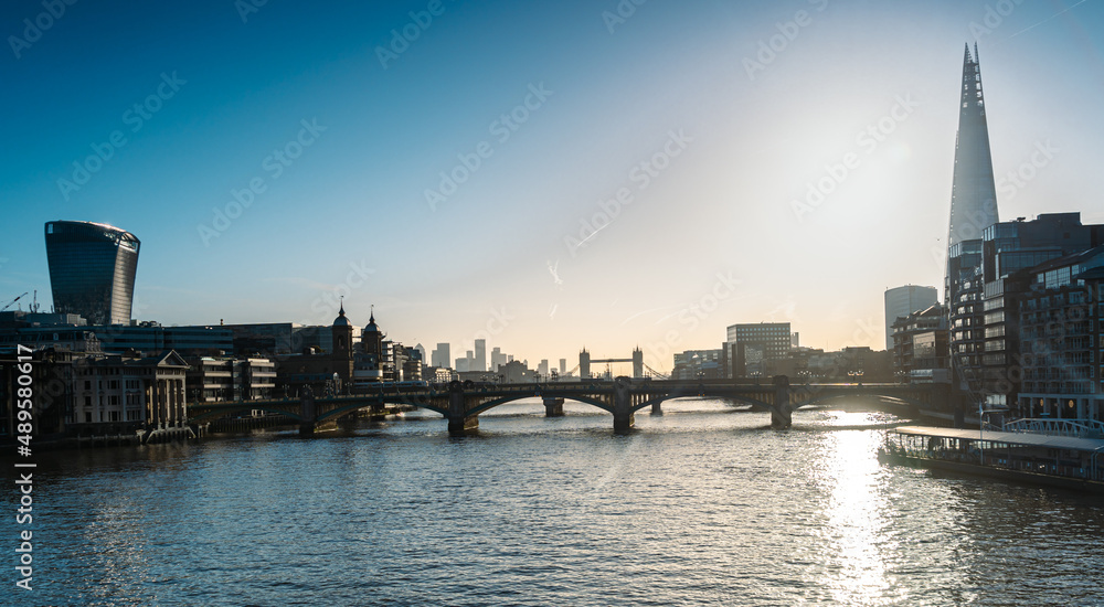 City of London skyline looking towards Tower Bridge at Sunrise