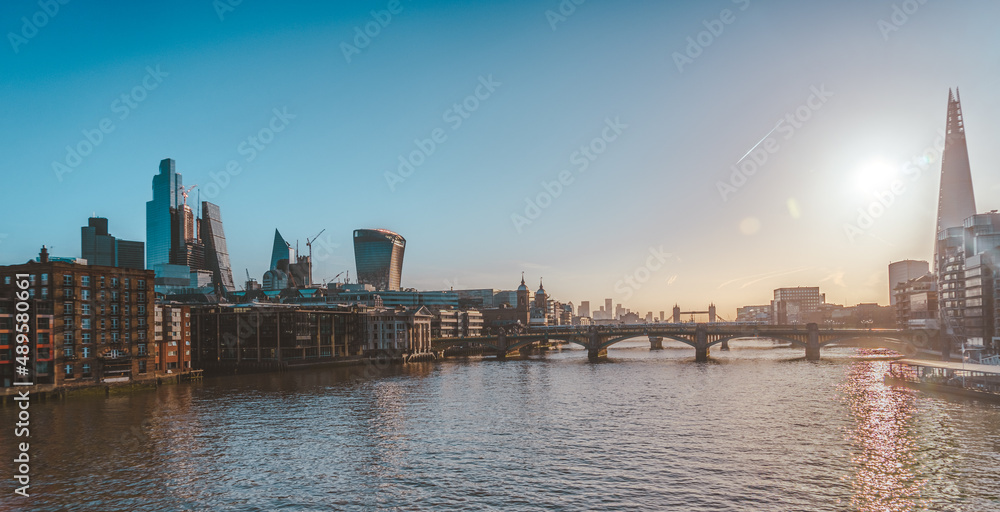 City of London skyline looking towards Tower Bridge at Sunrise