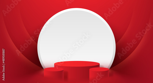 Abstract 3D red cylinder podium with white circle background for your product display presentation.