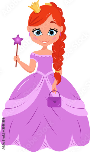 Illustration of a beautiful princess holding a magic wand in her hand on a white background. Vector illustration.