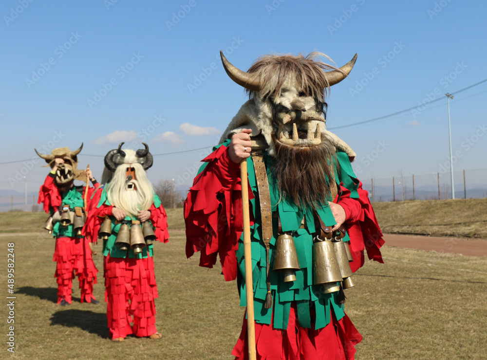 Masquerade festival in Elin Pelin, Bulgaria. People with mask called Kukeri dance and perform to scare the evil spirits.
