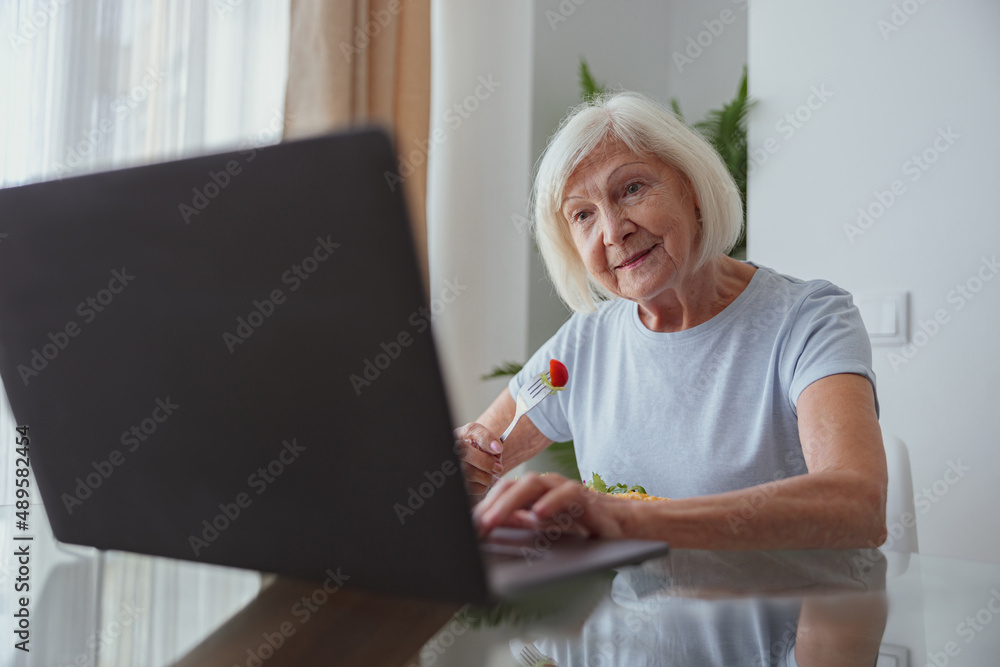 Portrait of joyful senior woman with laptop indoors Portrait of joyful senior woman with laptop indoors