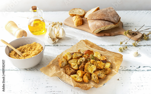 Croutons with spices are made from stale bread. Zero waste concept in cooking