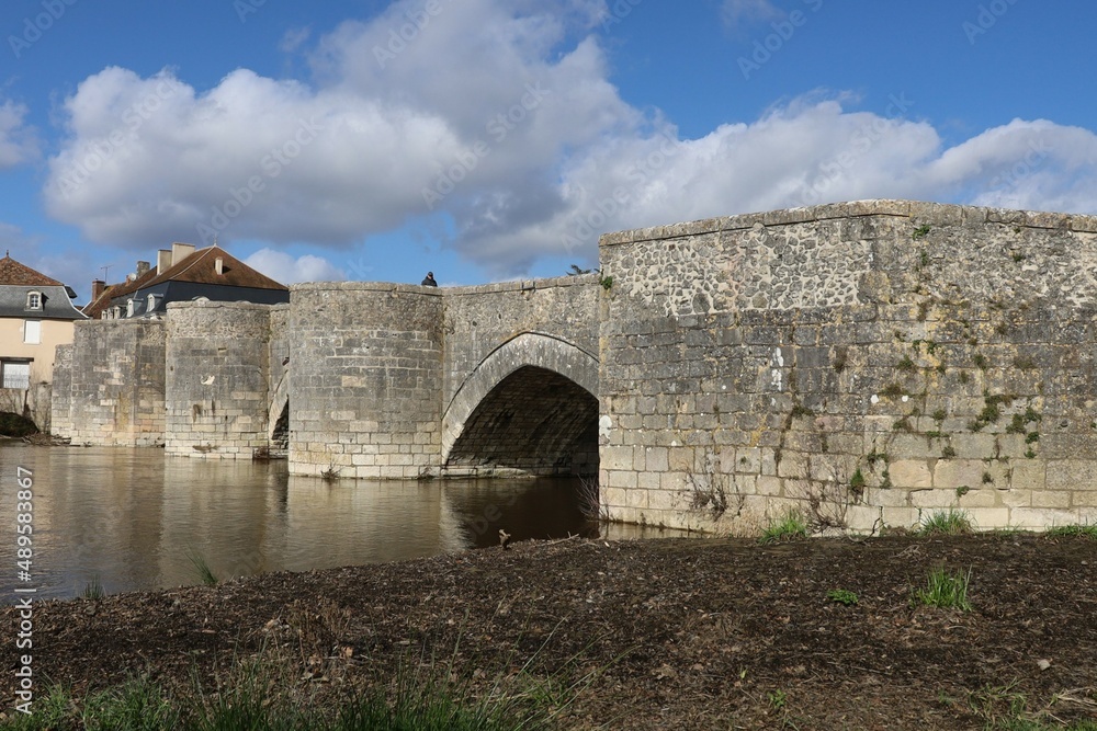 Le vieux pont sur la rivière Gartempe, pont en pierre du 13eme siècle, village de Saint Savin sur Gartempe, département de la Vienne, France