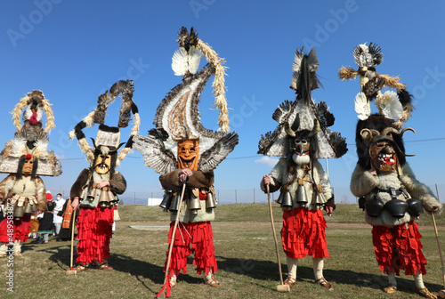 Masquerade festival in Elin Pelin, Bulgaria. People with mask called Kukeri dance and perform to scare the evil spirits. 
