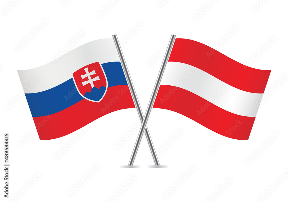 Slovakia and Austria crossed flags. Slovak and Austria flags, isolated on white background. Vector icon set. Vector illustration. Slovakia and Austria crossed flags. Slovak and Austria flags, isolated on white background. Vector icon set. Vector illustration.