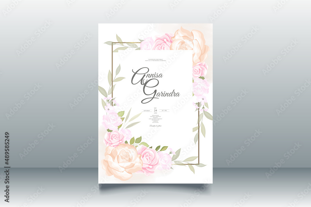 Wedding invitation card template set with beautiful floral leaves Premium Vector	
