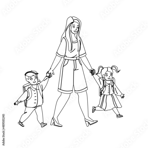 Boy And Girl Pupil Go To School With Mother Black Line Pencil Drawing Vector. Little Schoolboy And Schoolgirl Children With Backpack Go To School Elementary Together With Mom Woman. Characters
