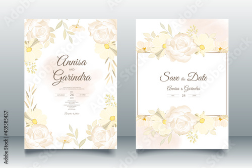 Wedding invitation card template set with beautiful floral leaves Premium Vector 