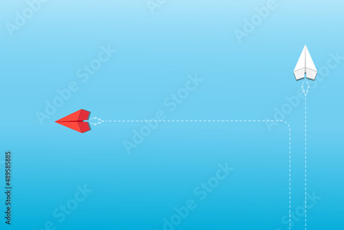 New normal concept with red paper plane in new direction on blue background. Different vision creative, Innovative and Solution for Business concepts. Vector illustration.
