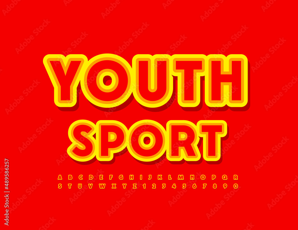 Vector bright banner Youth Sport.  Yellow and Red Alphabet Letters and Numbers. Creative style Font