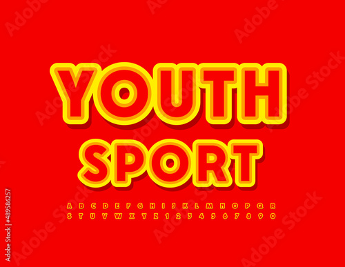Vector bright banner Youth Sport. Yellow and Red Alphabet Letters and Numbers. Creative style Font