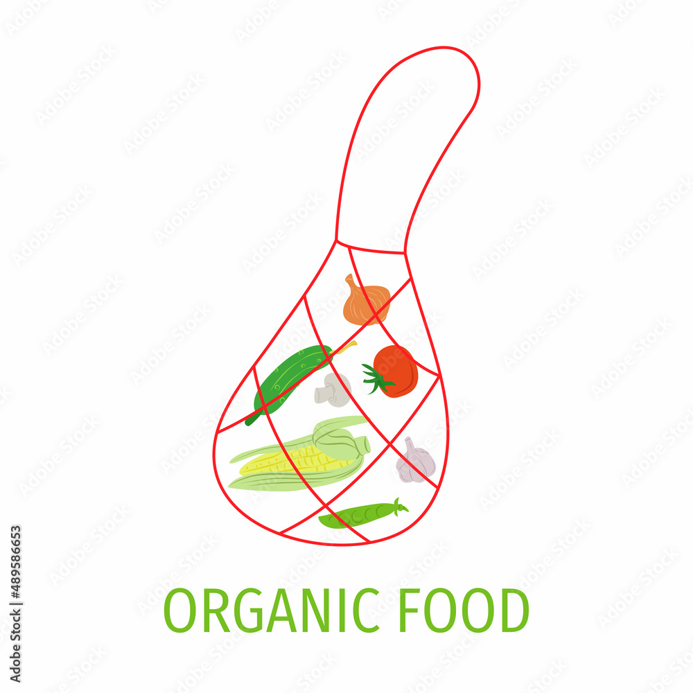 A set of vegetables. Vegetables in a bag, a string bag. Fresh organic products. Vector illustration. A set of vegetables. Vegetables in a bag, a string bag. Fresh organic products. Vector illustration.