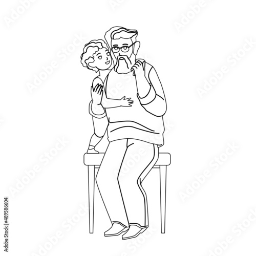 Grandson Embracing Grandparent Together Black Line Pencil Drawing Vector. Grandson Hugging Grandfather On Park Bench. Character Family Generation Relationship And Leisure Time Togetherness