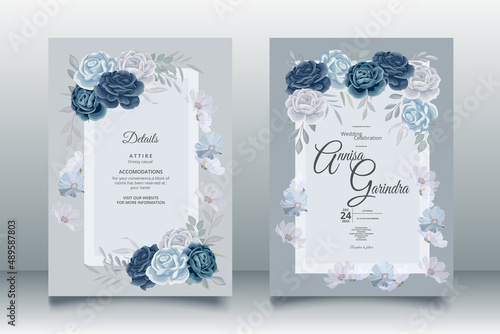 Romantic Wedding invitation card template set with navy blue floral leaves