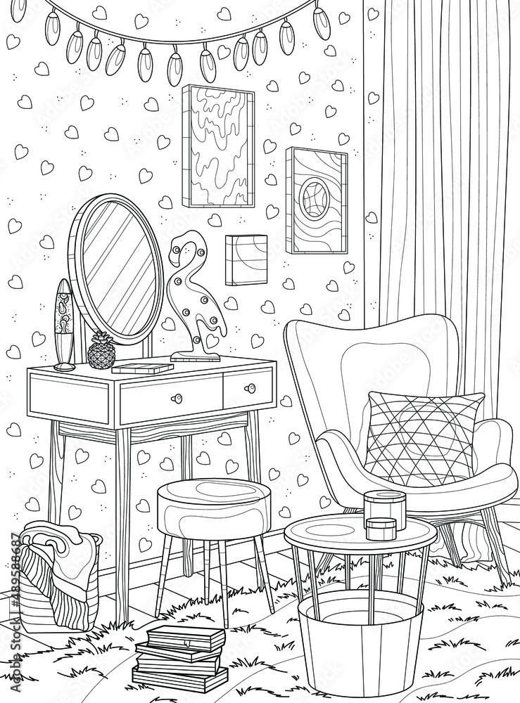 Cute room interior for a girl. Coloring book for adults. The interior of the room. Black and white illustration.