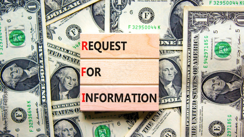 RFI request for information symbol. Concept words RFI request for information on wooden blocks on a beautiful background from dollar bills. Business RFI request for information concept. Copy space. photo