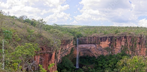 Panorama of spectacular waterfall and mountains, Chapada dos Guimarães in the state of Mato Grosso, Brazil. photo