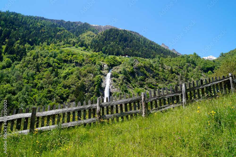 breathtaking Parcines waterfall in the Italian Alps of the Partschins region of South Tyrol (Italy, South Tyrol, Merano)	