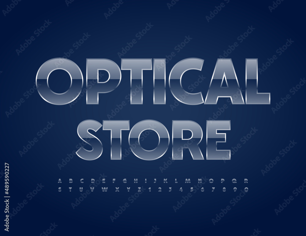 Vector glossy logo Optical Store with glass Alphabet Letters and Numbers set. Shiny stylish Font