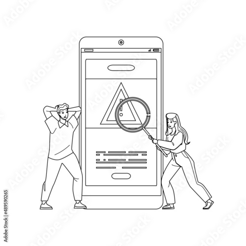 Error Warning Smartphone Operating System Black Line Pencil Drawing Vector. Shocked Man And Woman Researching Error Warning Alarm Message On Mobile Phone Display. Characters Research Gadget Problem