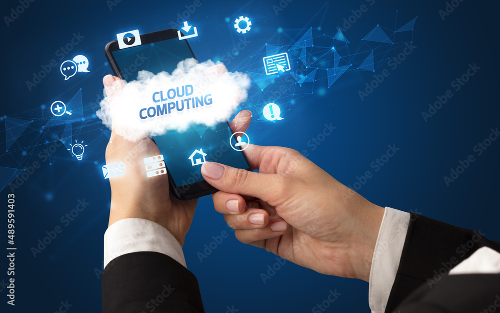 Hand using smartphone with cloud technology concept Hand using smartphone with cloud technology concept