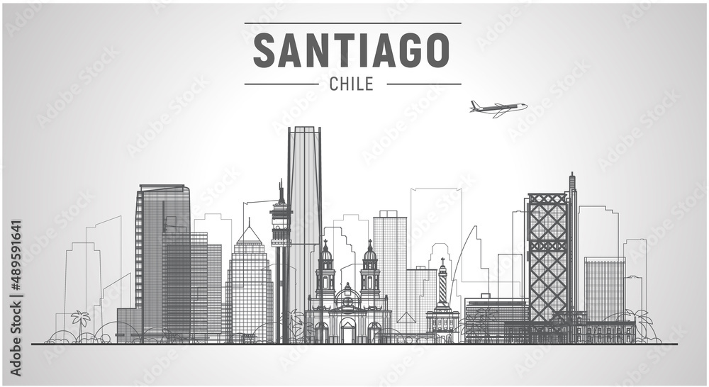 Santiago de Chile city skyline on a white background. Flat vector illustration. Business travel and tourism concept with modern buildings. Image for banner or website.