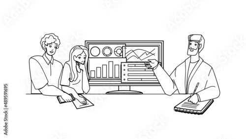 Financial Consultant Man Advising Clients Black Line Pencil Drawing Vector. Financial Consultant Businessman Advise Boy And Girl Couple In Office And Show Finance Graph On Computer Screen. Characters
