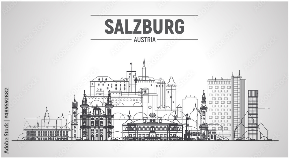 Salzburg (Austria) line city. Stroke vector illustration. Business travel and tourism concept with modern buildings. Image for banner or web site.
