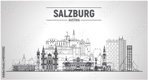 Salzburg  Austria  line city. Stroke vector illustration. Business travel and tourism concept with modern buildings. Image for banner or web site.