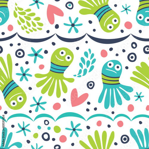 Seamless background with funny cartoon octopuses and fish.