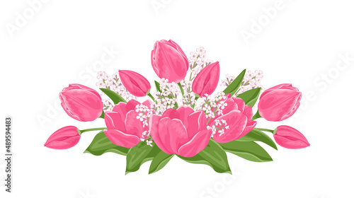 Bouquet of spring flowers. Pink tulips isolated on white background. Vector cartoon flat illustration.