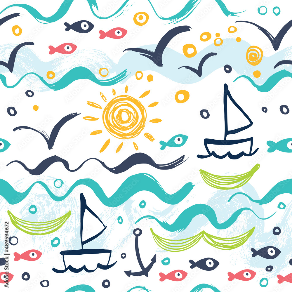 Seamless background in the concept of children's drawings. Seamless background with ships, fish, sun, clouds, sea and waves. Seamless background in the concept of children's drawings. Seamless background with ships, fish, sun, clouds, sea and waves.